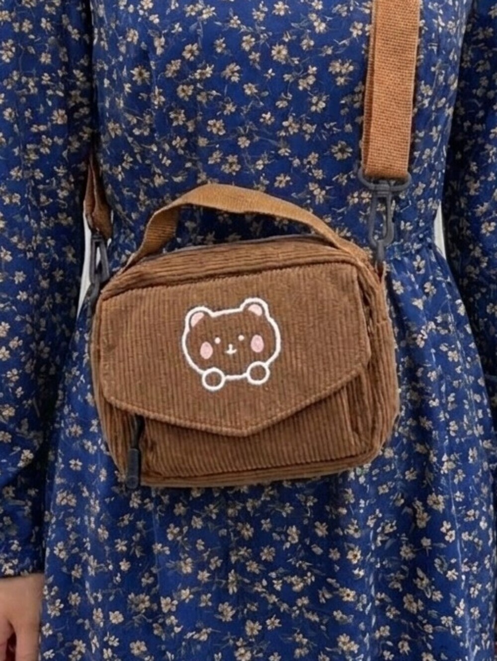 NWT Corduroy Cute Kawaii Bear Crossbody Bag & Messenger Shoulder Pouch – Brown